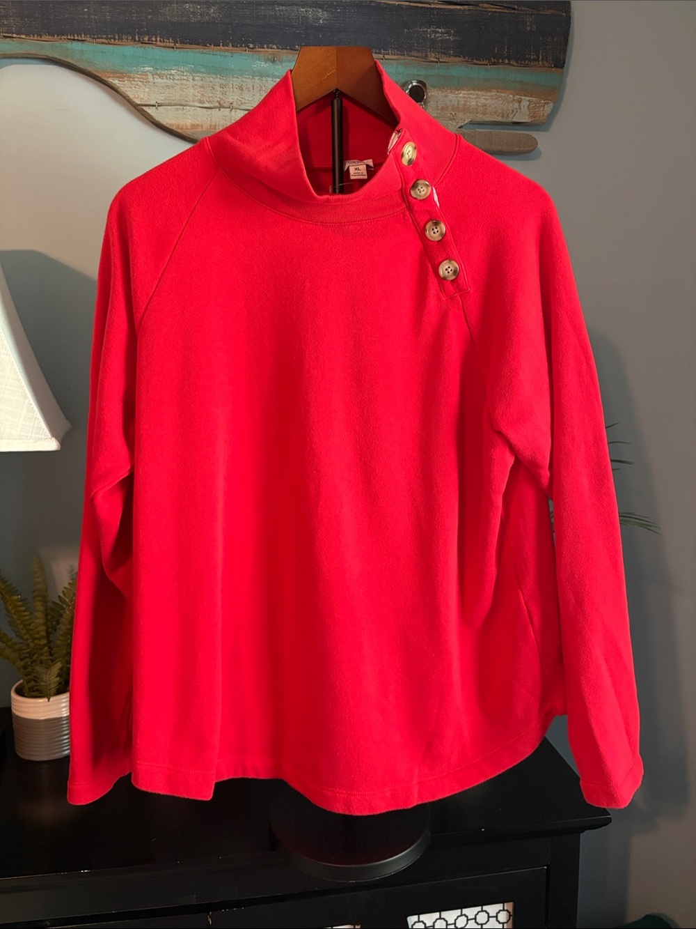 L.L. Bean Bright Red Button-Accent Funnel Neck Sweater